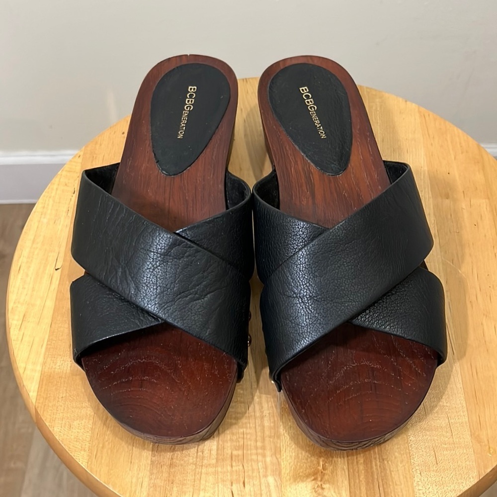 BCBGeneration black leather clog styled sandals. Size 8.5 M - Picture 1 of 7